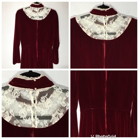 Vintage 60s 70s Victorian Velvet Maroon Maxi Dress, High Lace Neck, Steampunk - Picture 4 of 11
